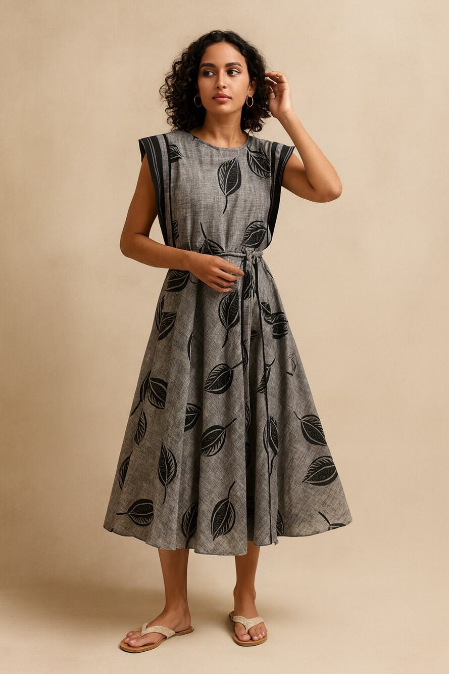 Vintage Choon Gray Leaf Print Dress Full Circle Boho Midi XS